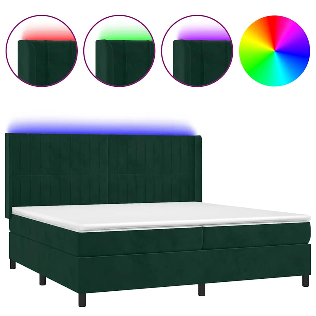 Sötétzöld bársony rugós és LED-es ágy matraccal 200x200 cm 2