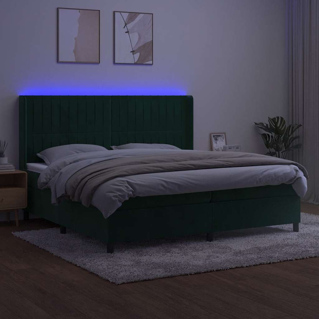Sötétzöld bársony rugós és LED-es ágy matraccal 200x200 cm 3