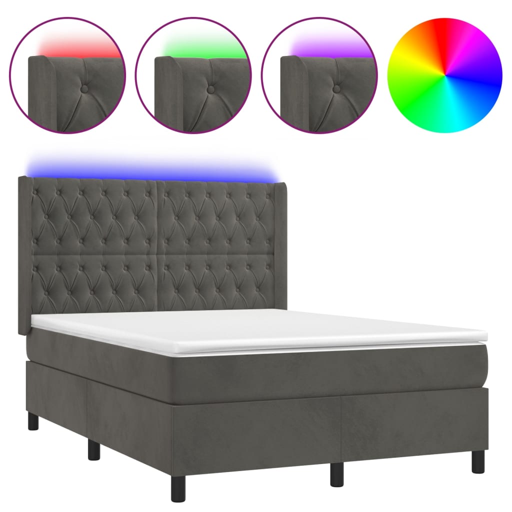 Sötétszürke bársony rugós és LED-es ágy matraccal 140x190 cm 2