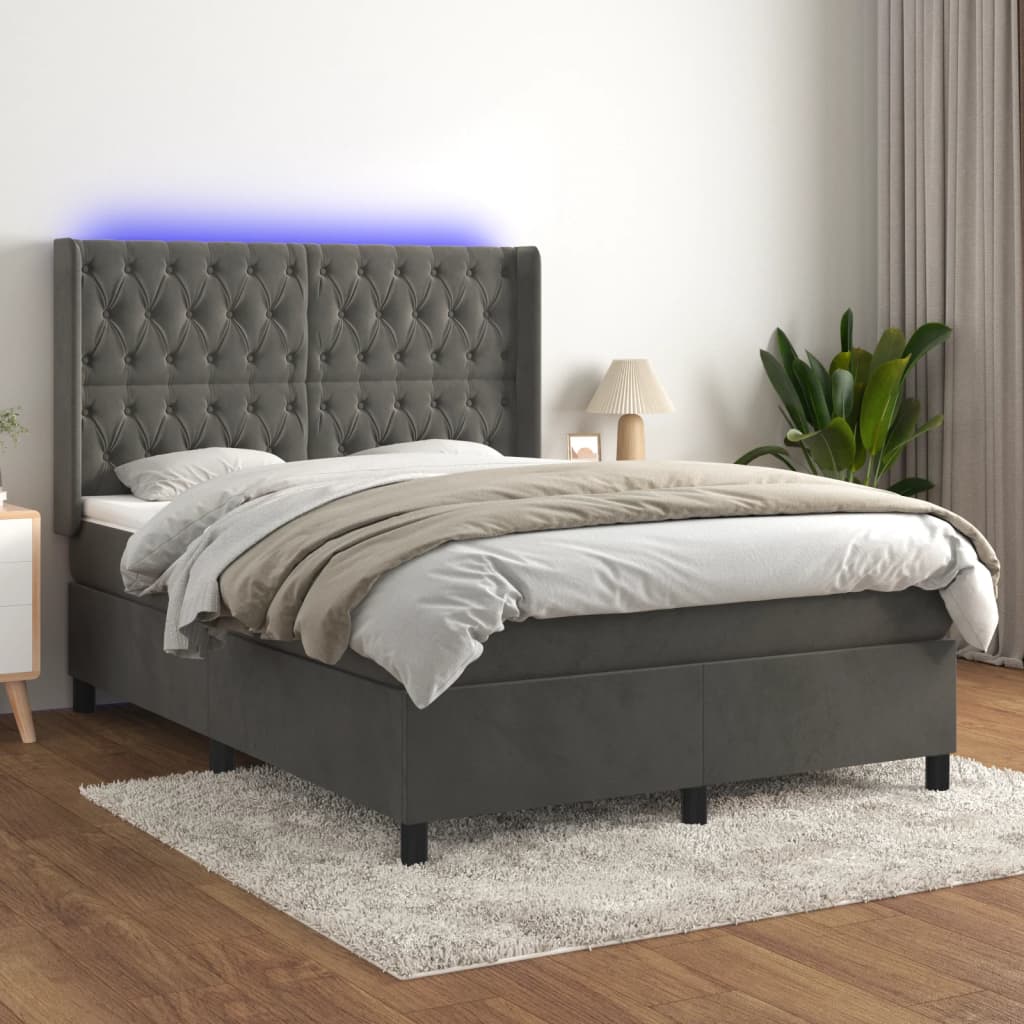 Sötétszürke bársony rugós és LED-es ágy matraccal 140x190 cm