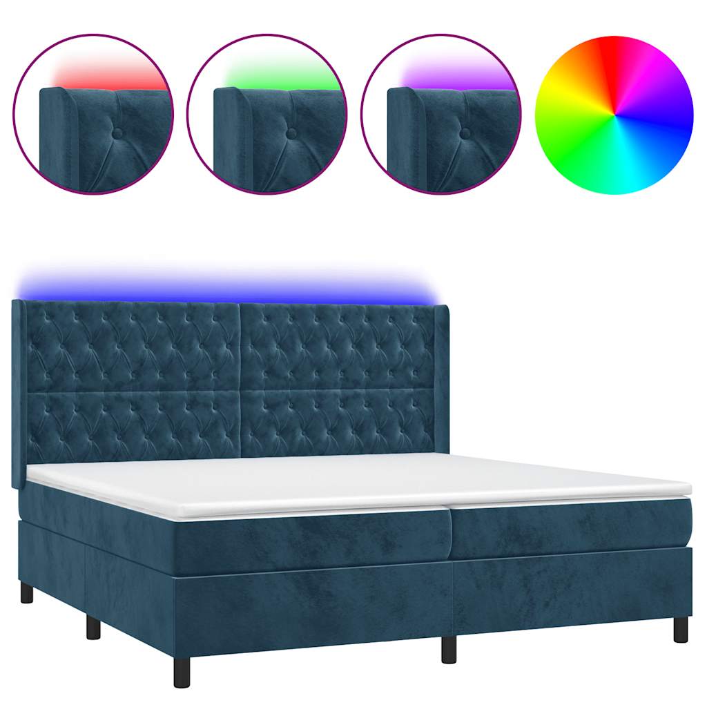 Sötétkék bársony rugós és LED-es ágy matraccal 200x200 cm 2