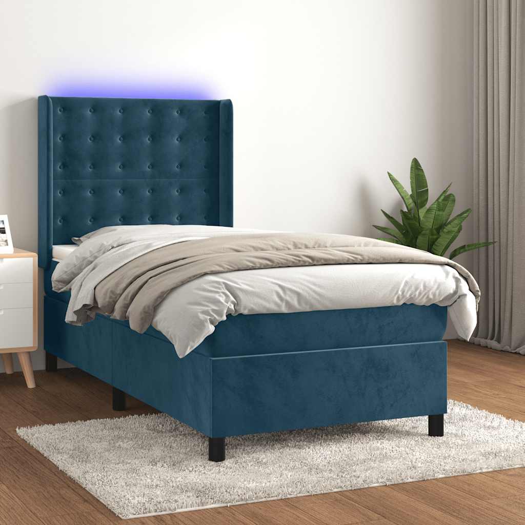 Sötétkék bársony rugós és LED-es ágy matraccal 80 x 200 cm
