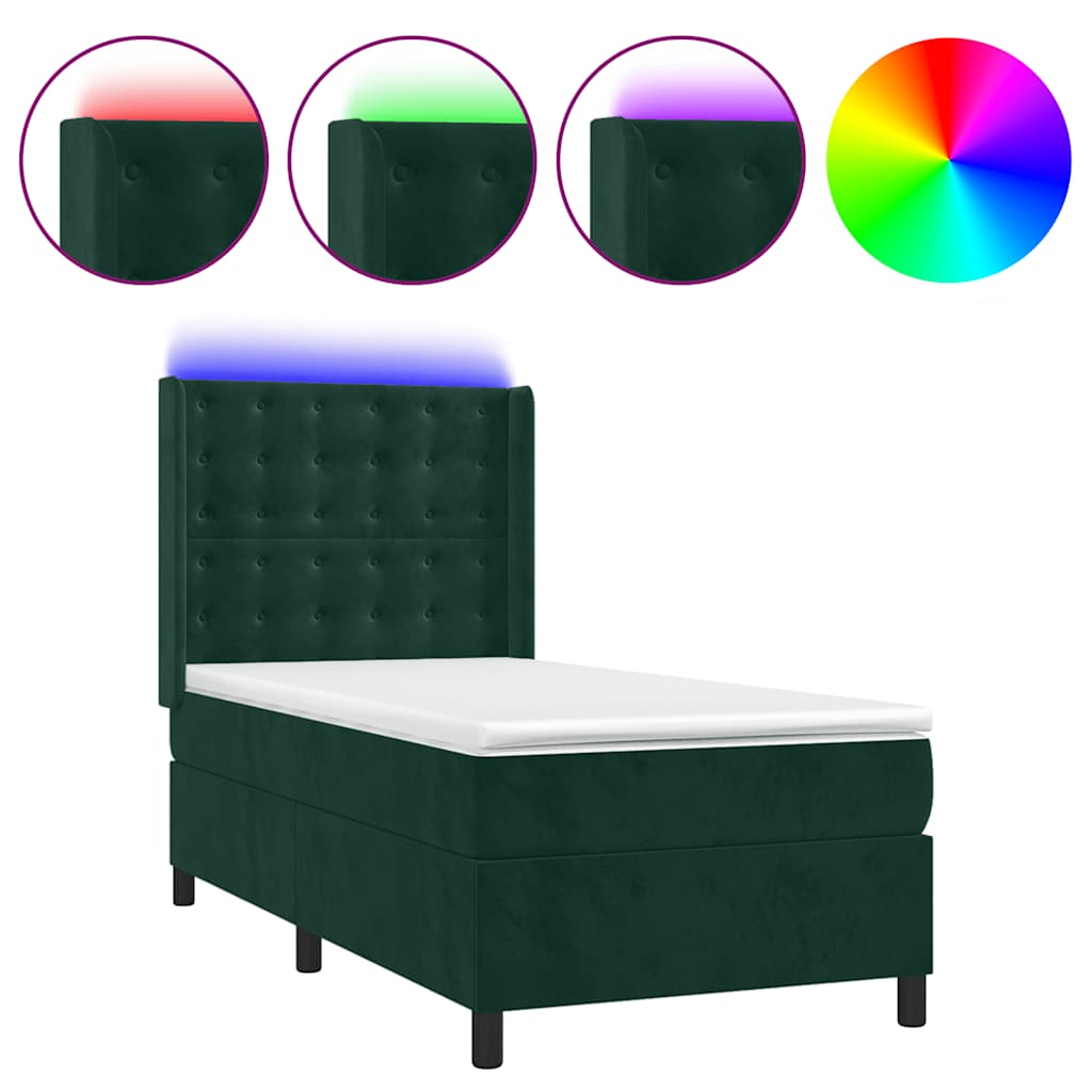 Sötétzöld bársony rugós és LED-es ágy matraccal 90x190 cm 2