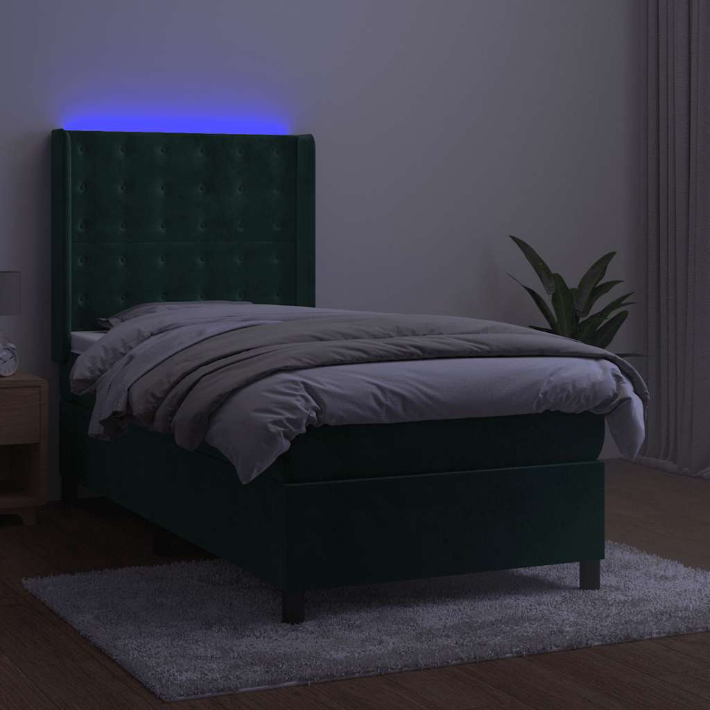 Sötétzöld bársony rugós és LED-es ágy matraccal 90x190 cm 3