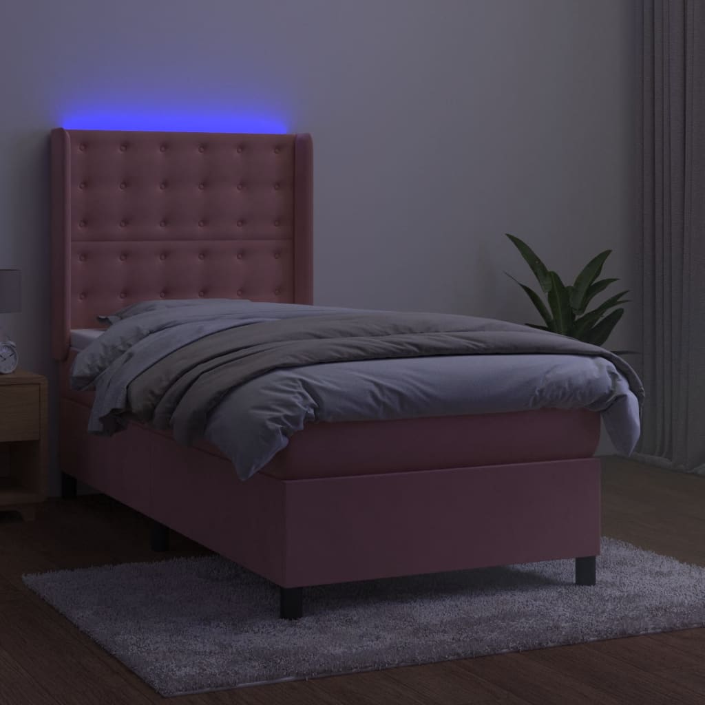 Rózsaszín bársony rugós és LED-es ágy matraccal 90x190 cm 3