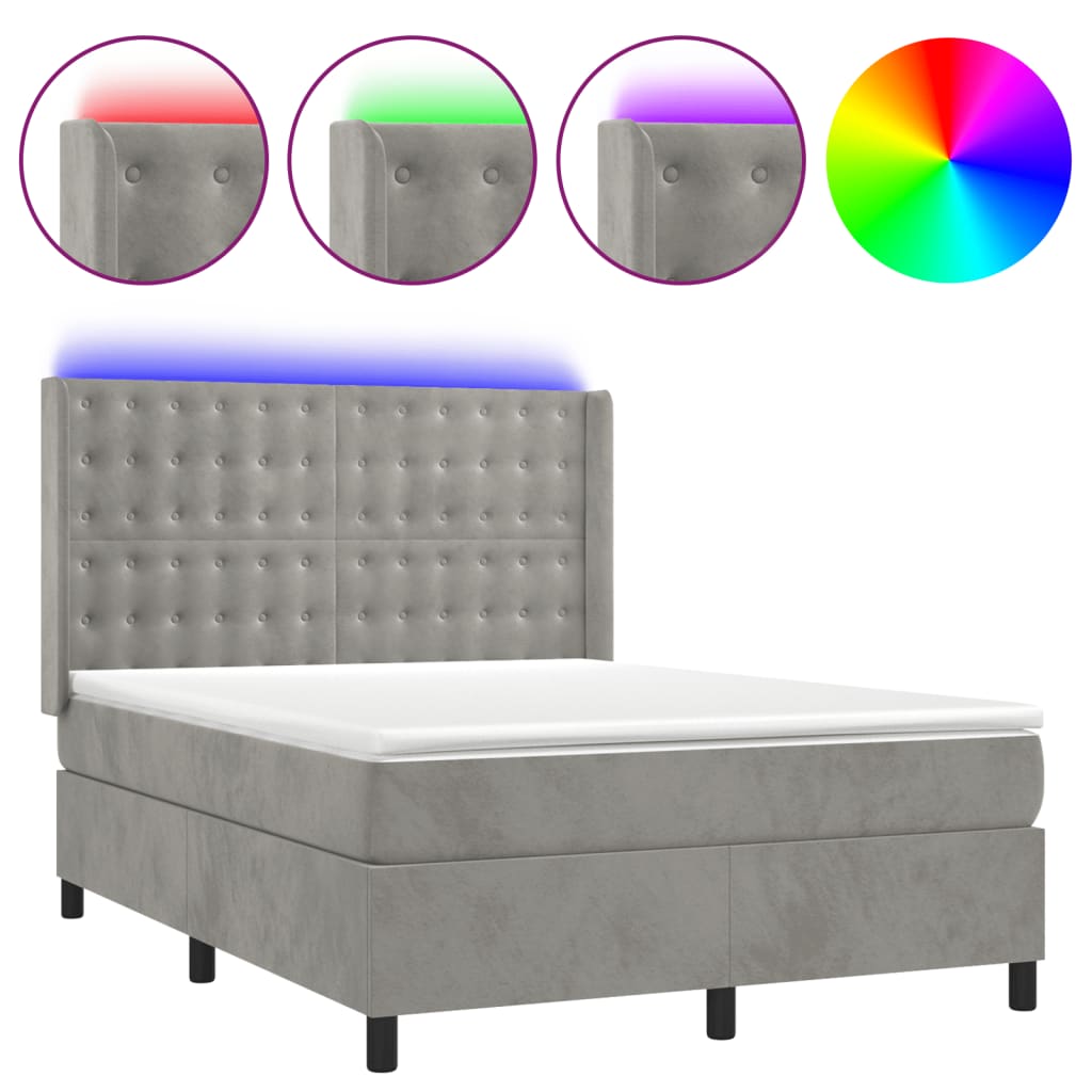 Világosszürke bársony rugós és LED-es ágy matraccal 140x190 cm 2