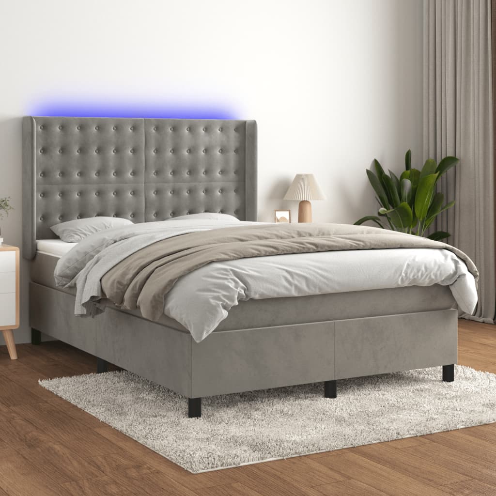 Világosszürke bársony rugós és LED-es ágy matraccal 140x190 cm