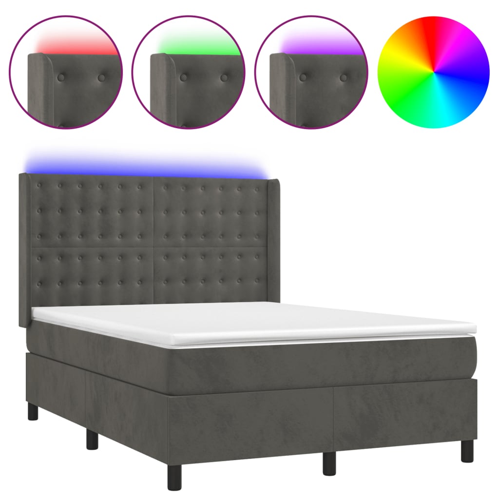 Sötétszürke bársony rugós és LED-es ágy matraccal 140x190 cm 2