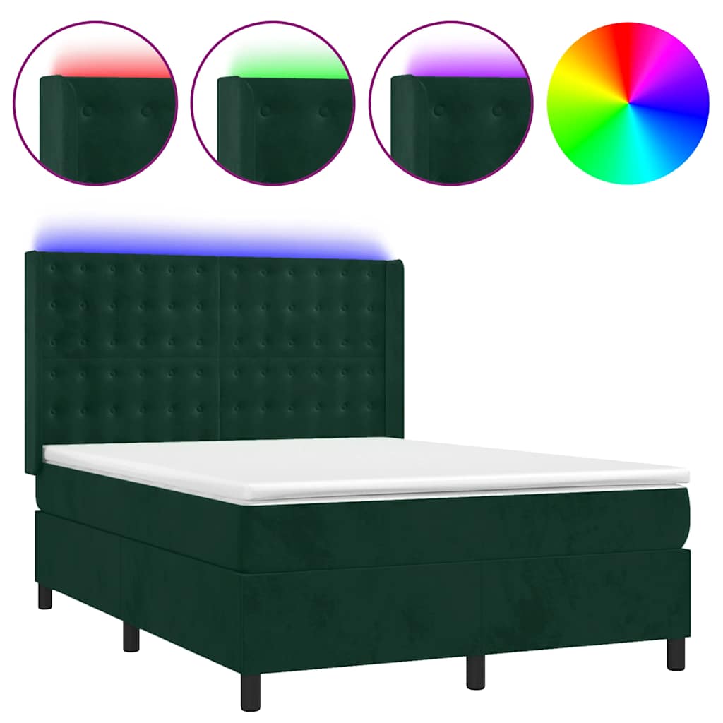 Sötétzöld bársony rugós és LED-es ágy matraccal 140x190 cm 2