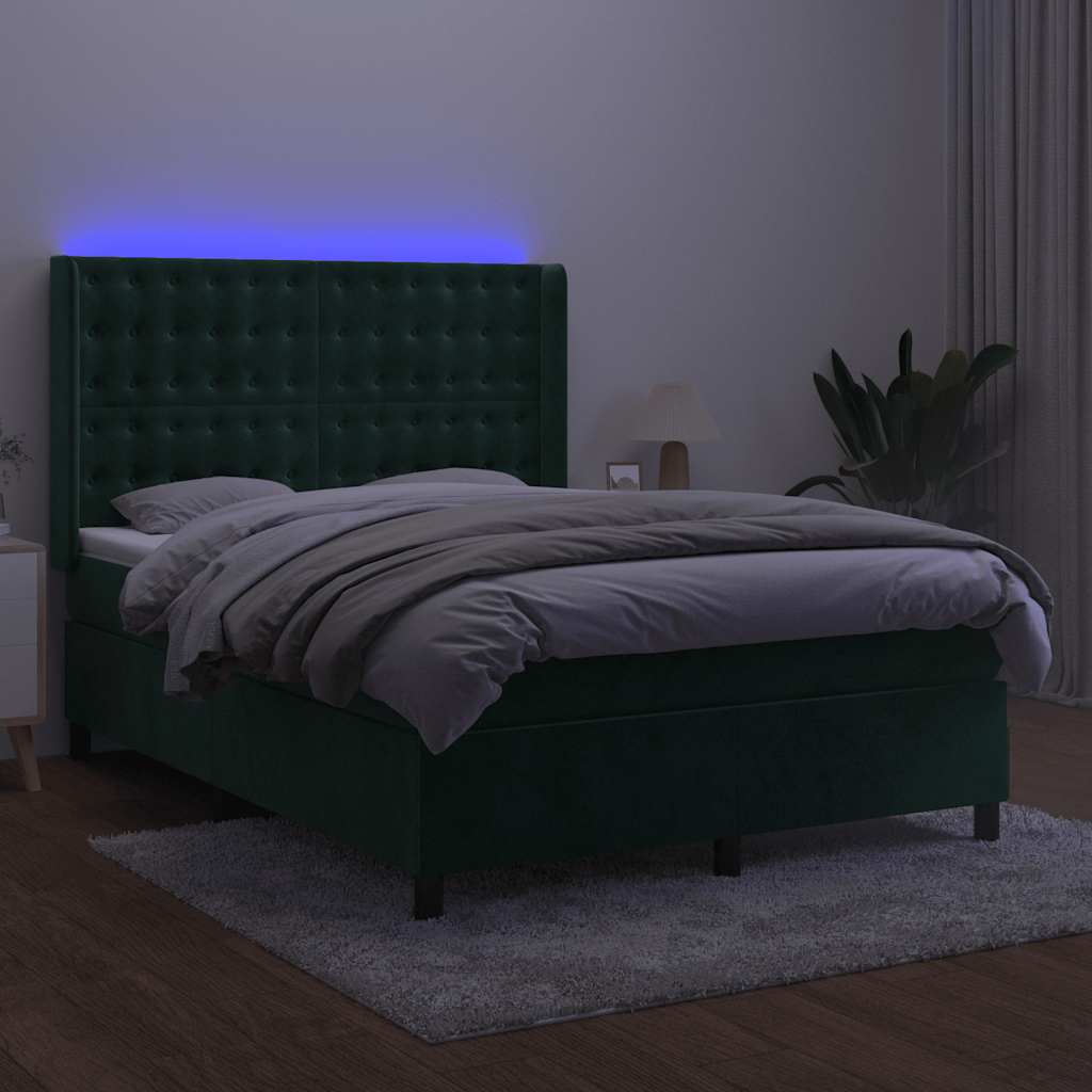 Sötétzöld bársony rugós és LED-es ágy matraccal 140x190 cm 3
