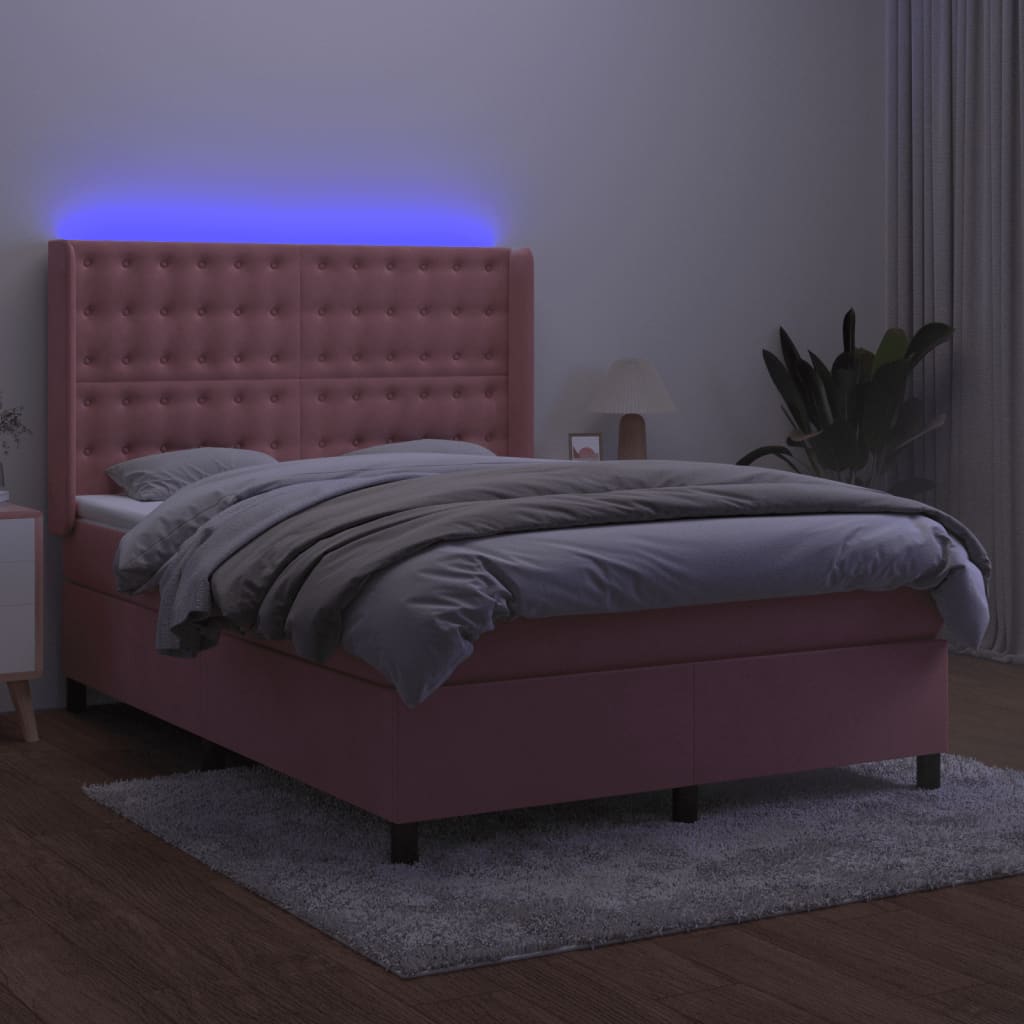 Rózsaszín bársony rugós és LED-es ágy matraccal 140x190 cm 3