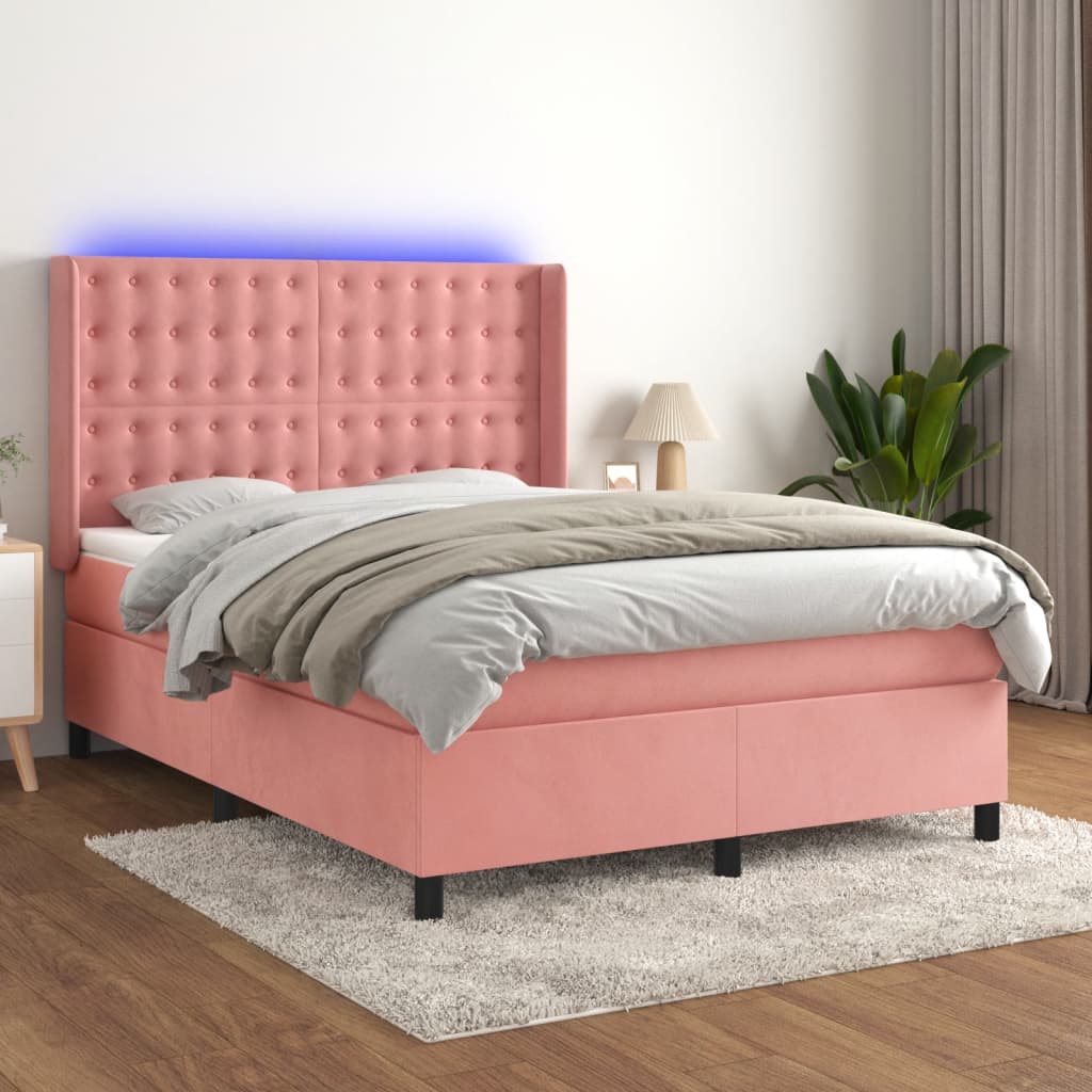 Rózsaszín bársony rugós és LED-es ágy matraccal 140x190 cm