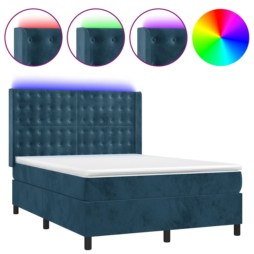 Sötétkék bársony rugós és LED-es ágy matraccal 140x200 cm 2