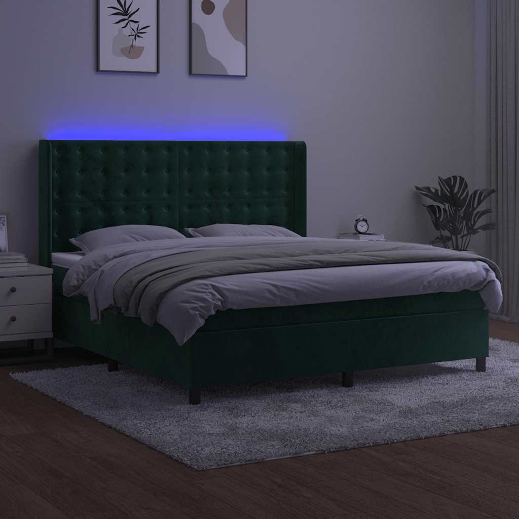 Sötétzöld bársony rugós és LED-es ágy matraccal 160x200 cm 3