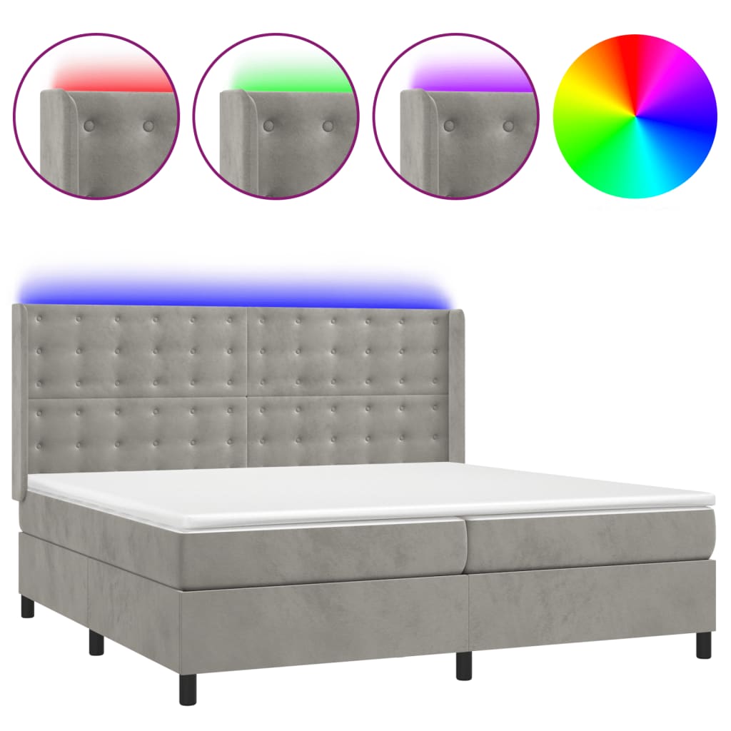 Világosszürke bársony rugós és LED-es ágy matraccal 200x200 cm 2