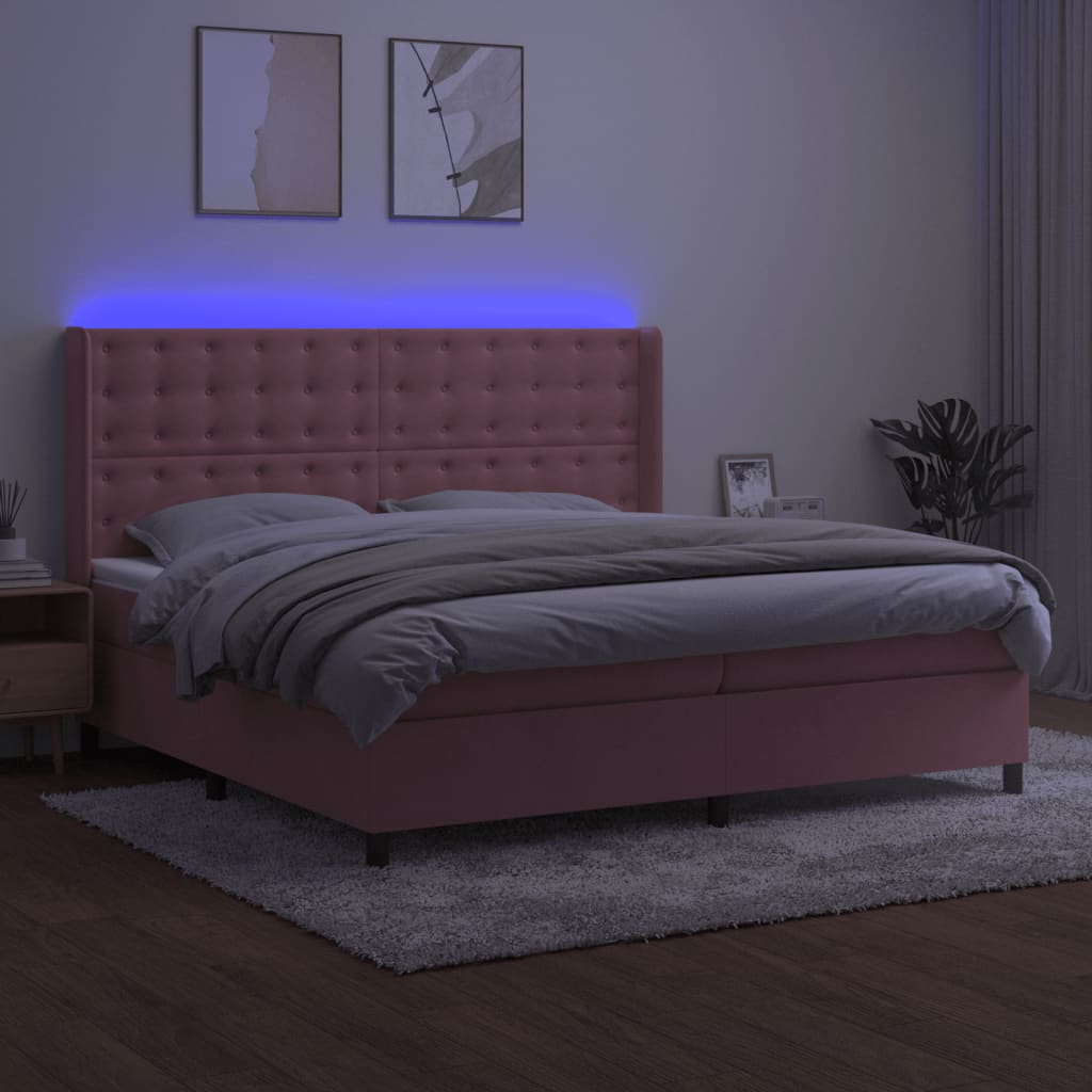 Rózsaszín bársony rugós és LED-es ágy matraccal 200x200 cm 3