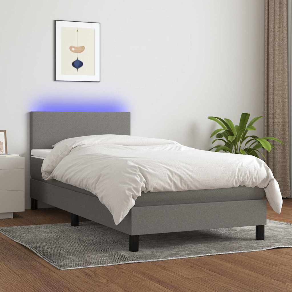 Sötétszürke szövet rugós és LED-es ágy matraccal 90x200 cm