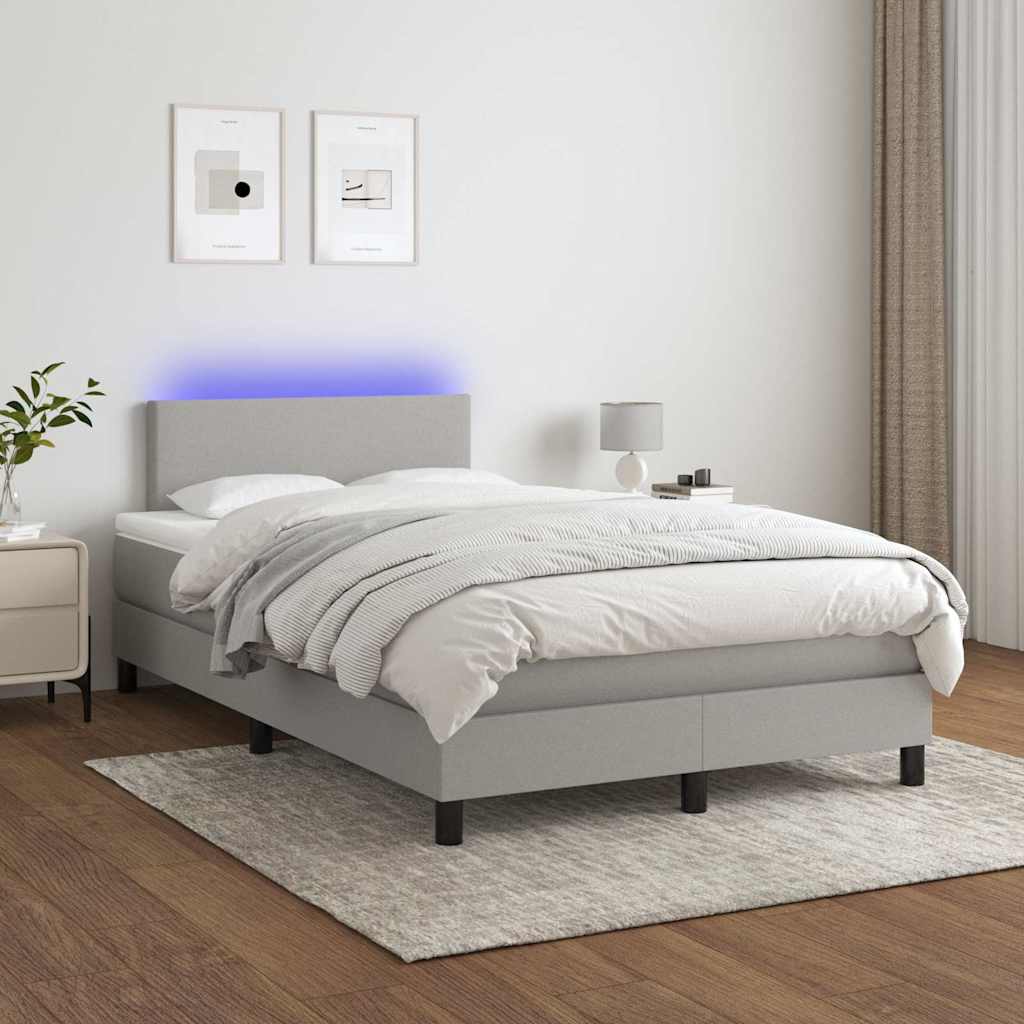 Világosszürke szövet rugós és LED-es ágy matraccal 120 x 200 cm