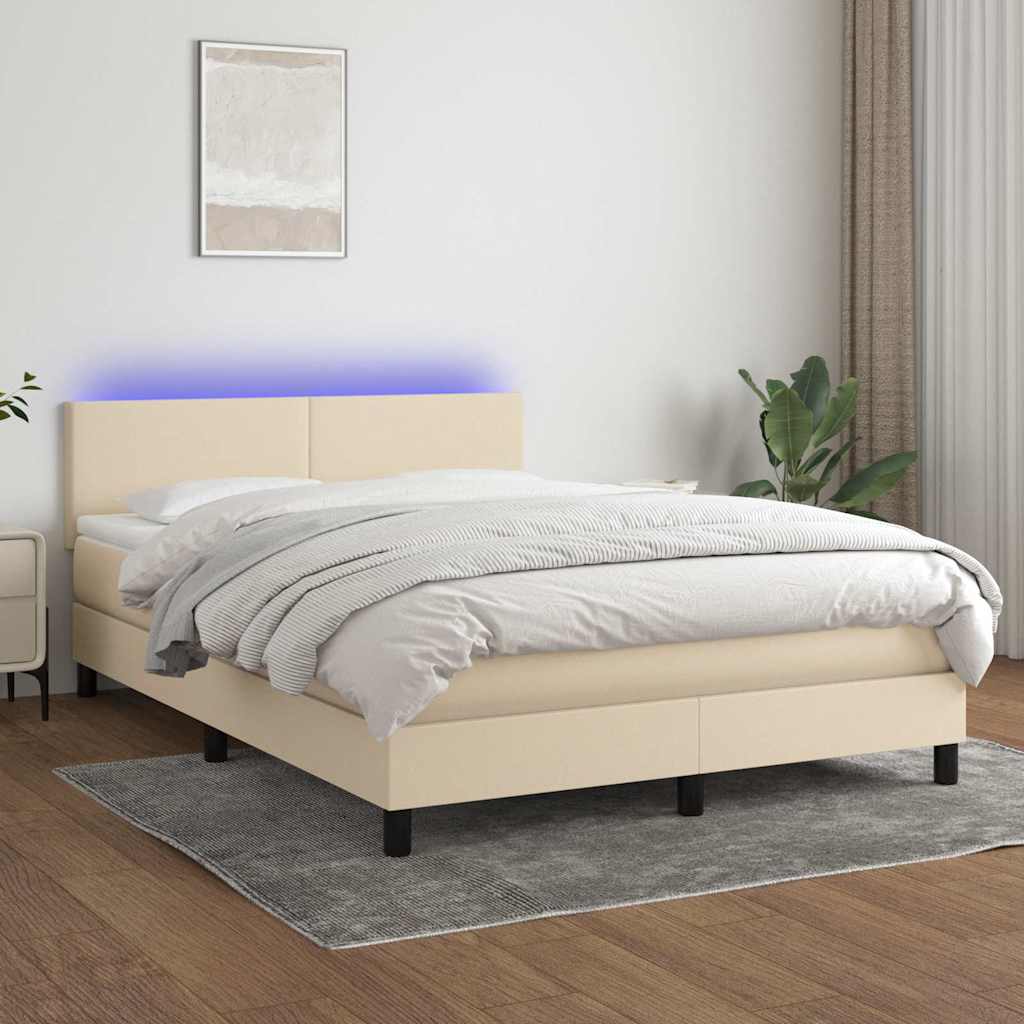 Krémszínű szövet rugós és LED-es ágy matraccal 140x200 cm