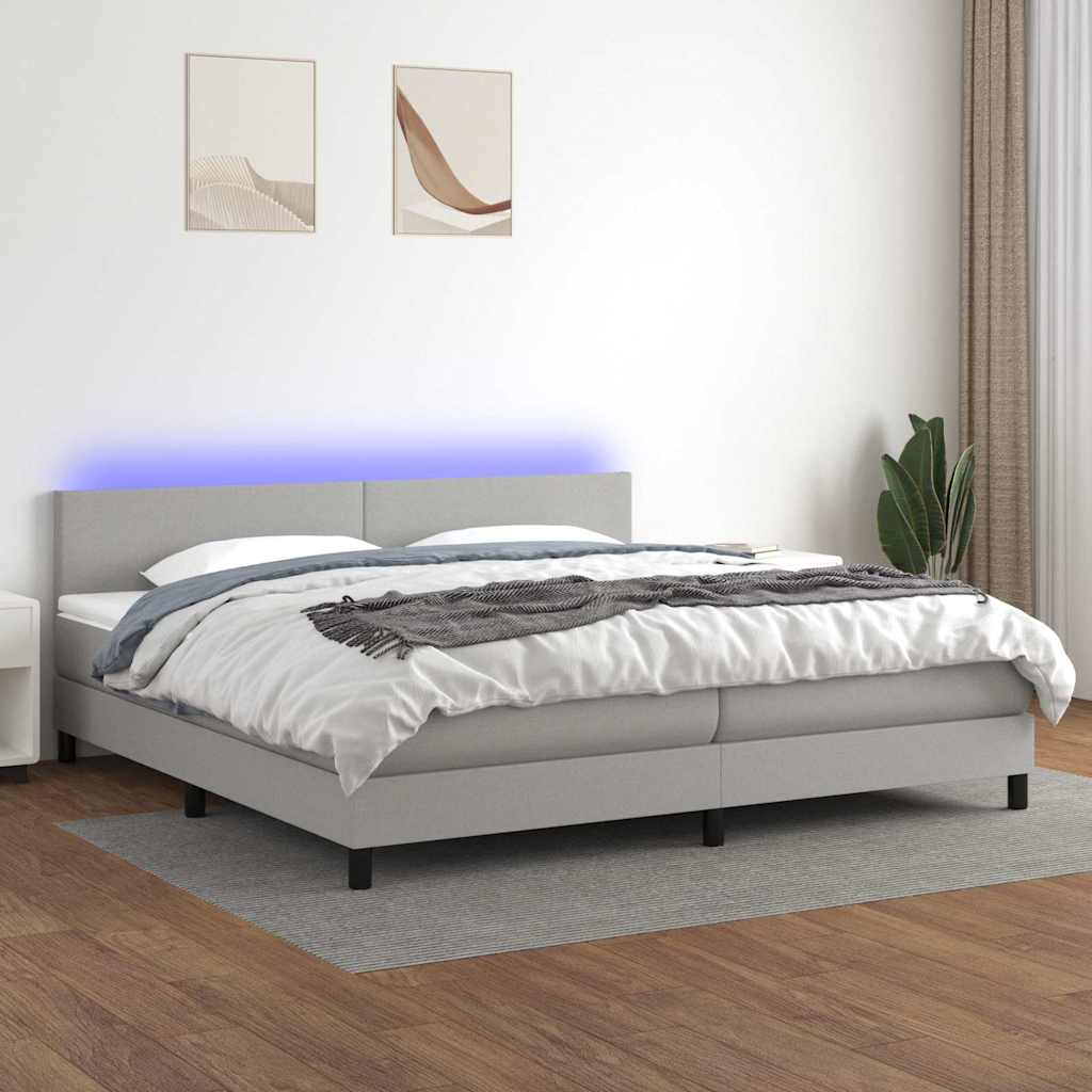 Világosszürke szövet rugós és LED-es ágy matraccal 200x200 cm