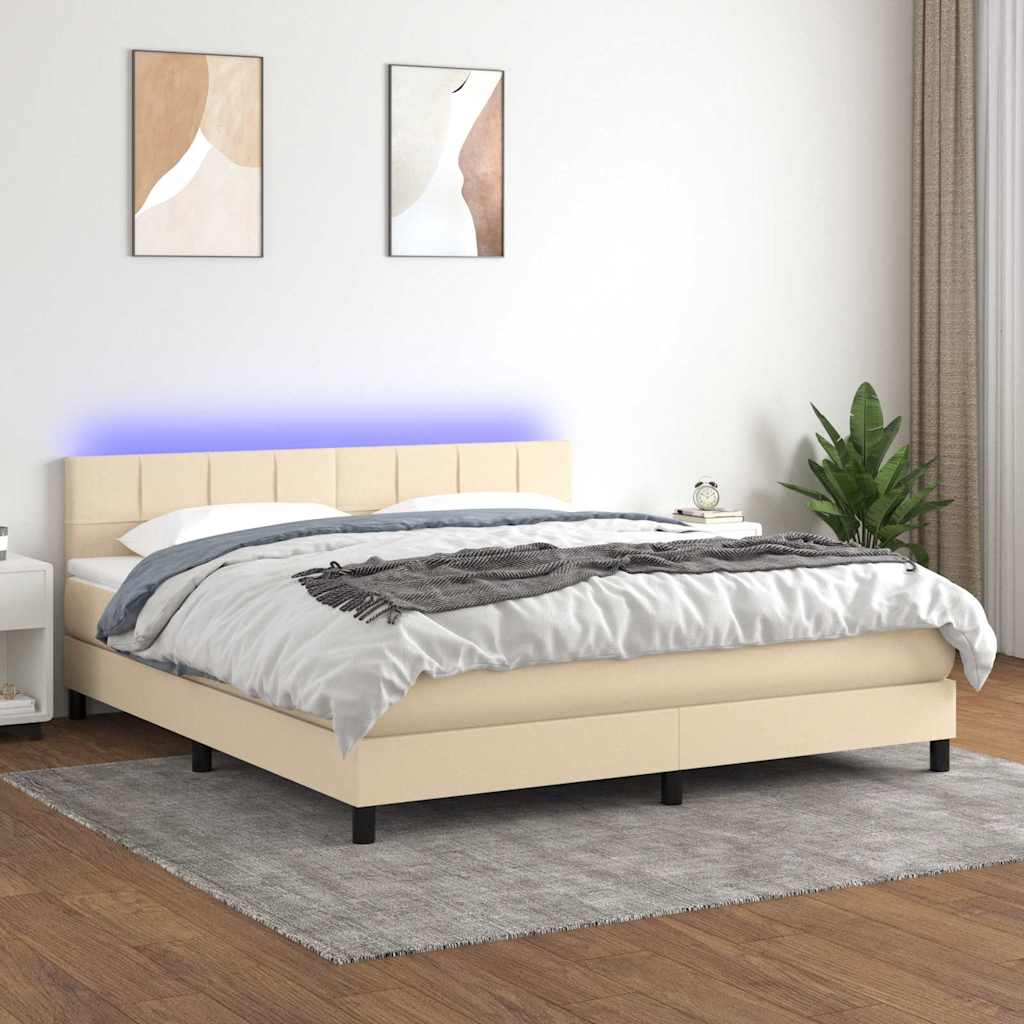 Krémszínű szövet rugós és LED-es ágy matraccal 160x200 cm