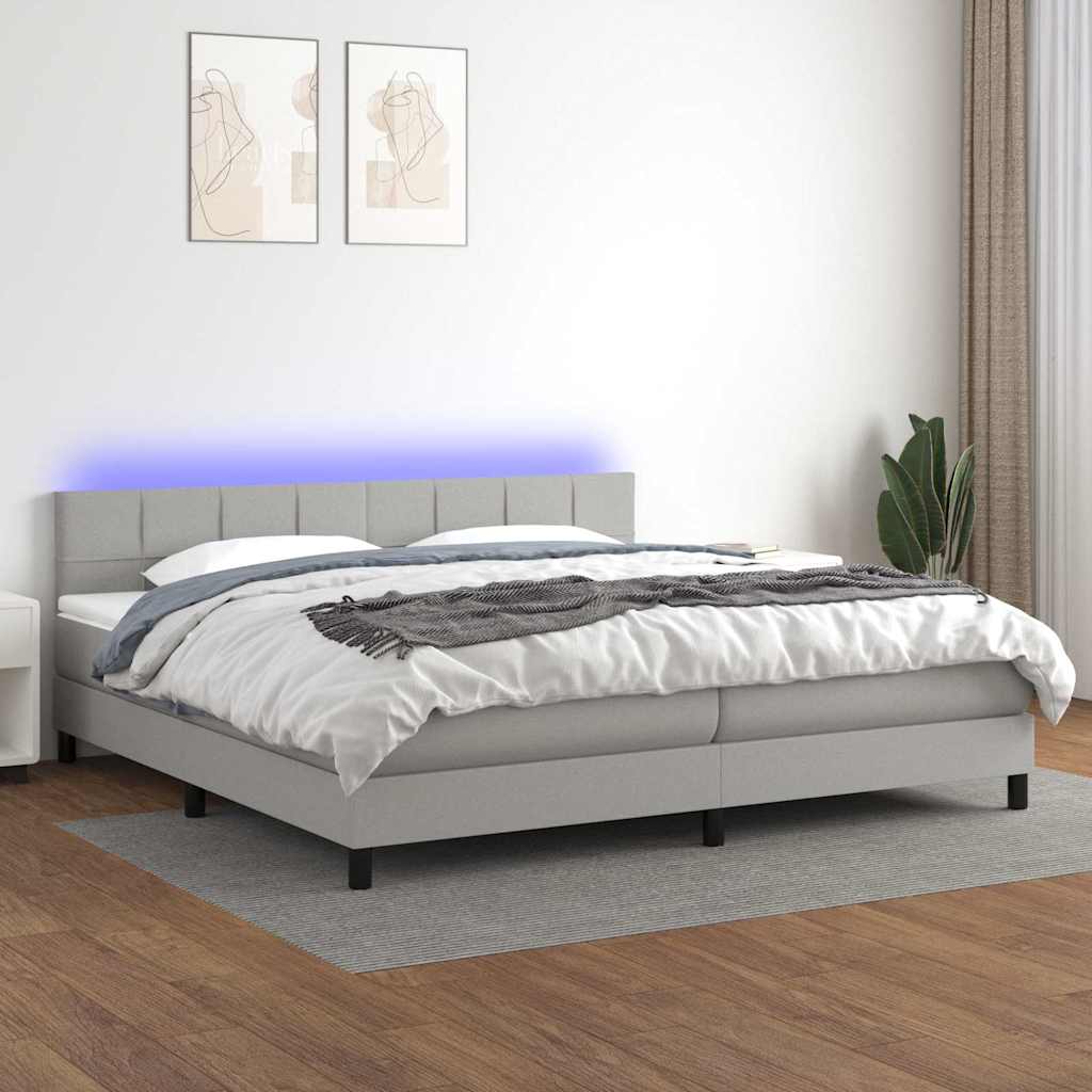 Világosszürke szövet rugós és LED-es ágy matraccal 200x200 cm