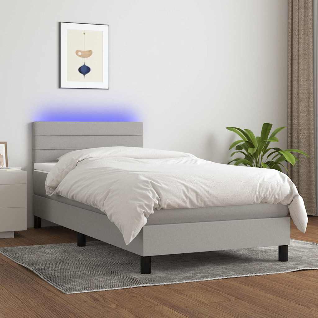 Világosszürke szövet rugós és LED-es ágy matraccal 90x190 cm