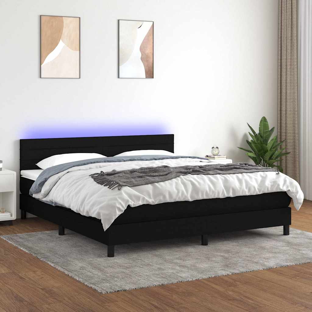 Fekete szövet rugós és LED-es ágy matraccal 180 x 200 cm