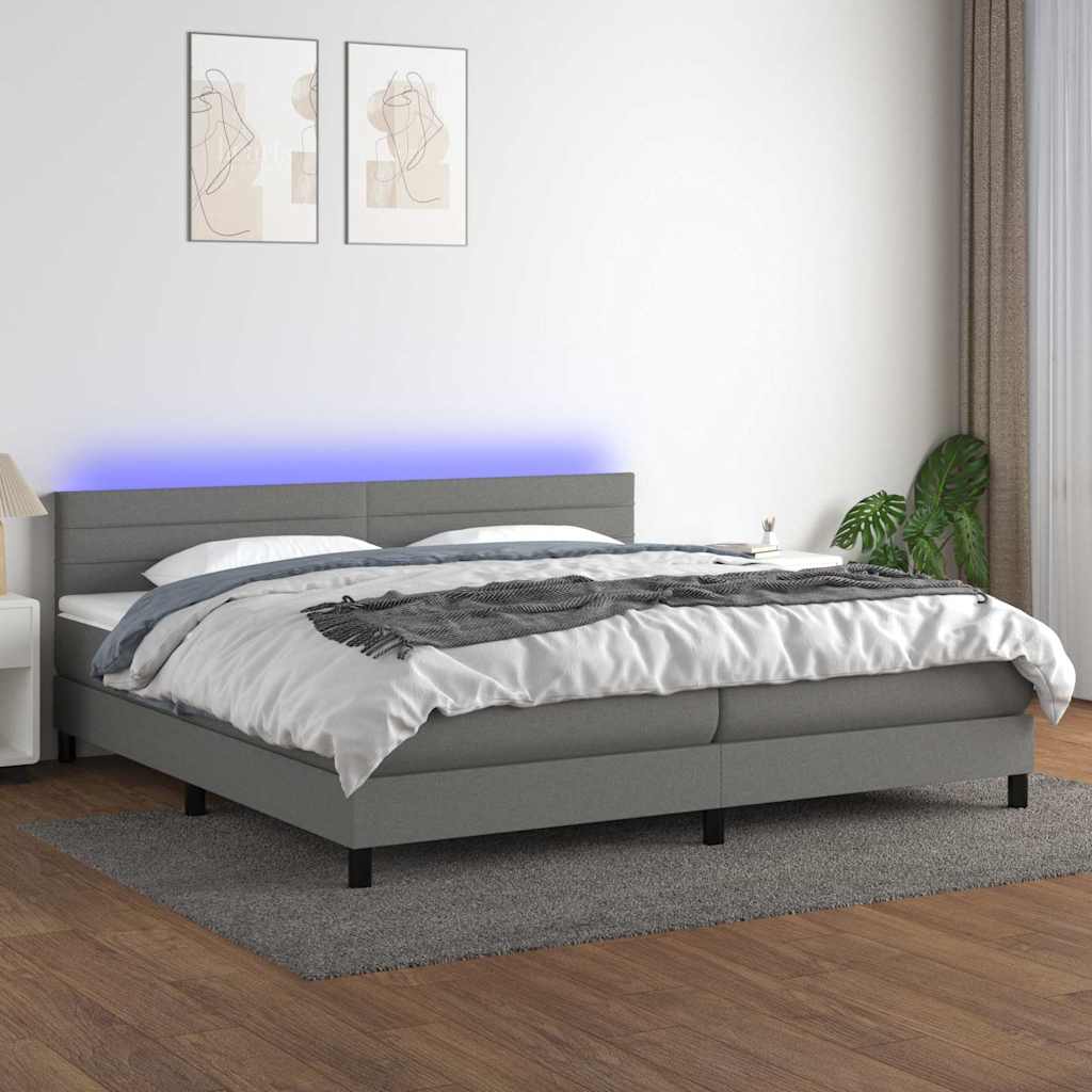 Sötétszürke szövet rugós és LED-es ágy matraccal 200x200 cm
