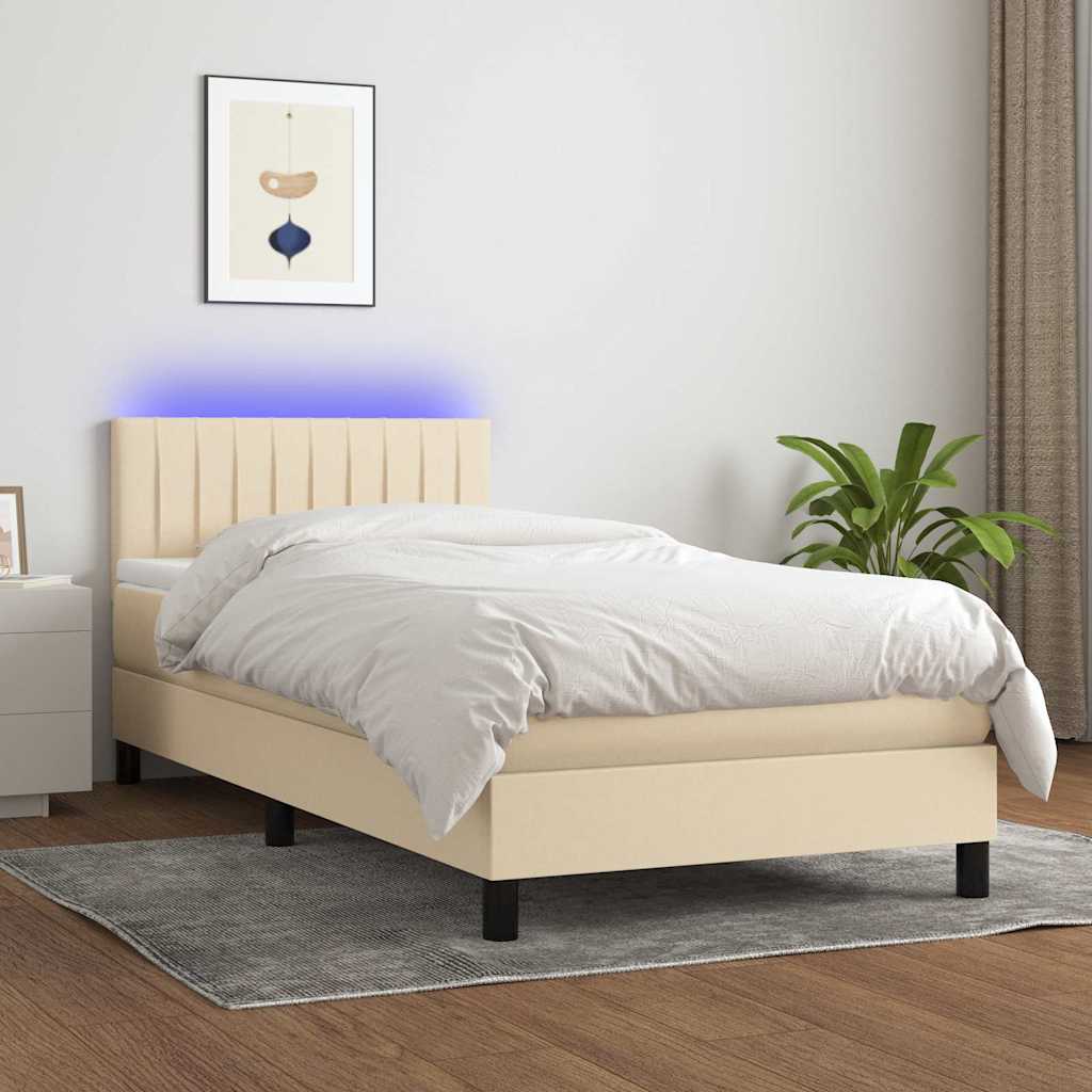 Krémszínű szövet rugós és LED-es ágy matraccal 80 x 200 cm