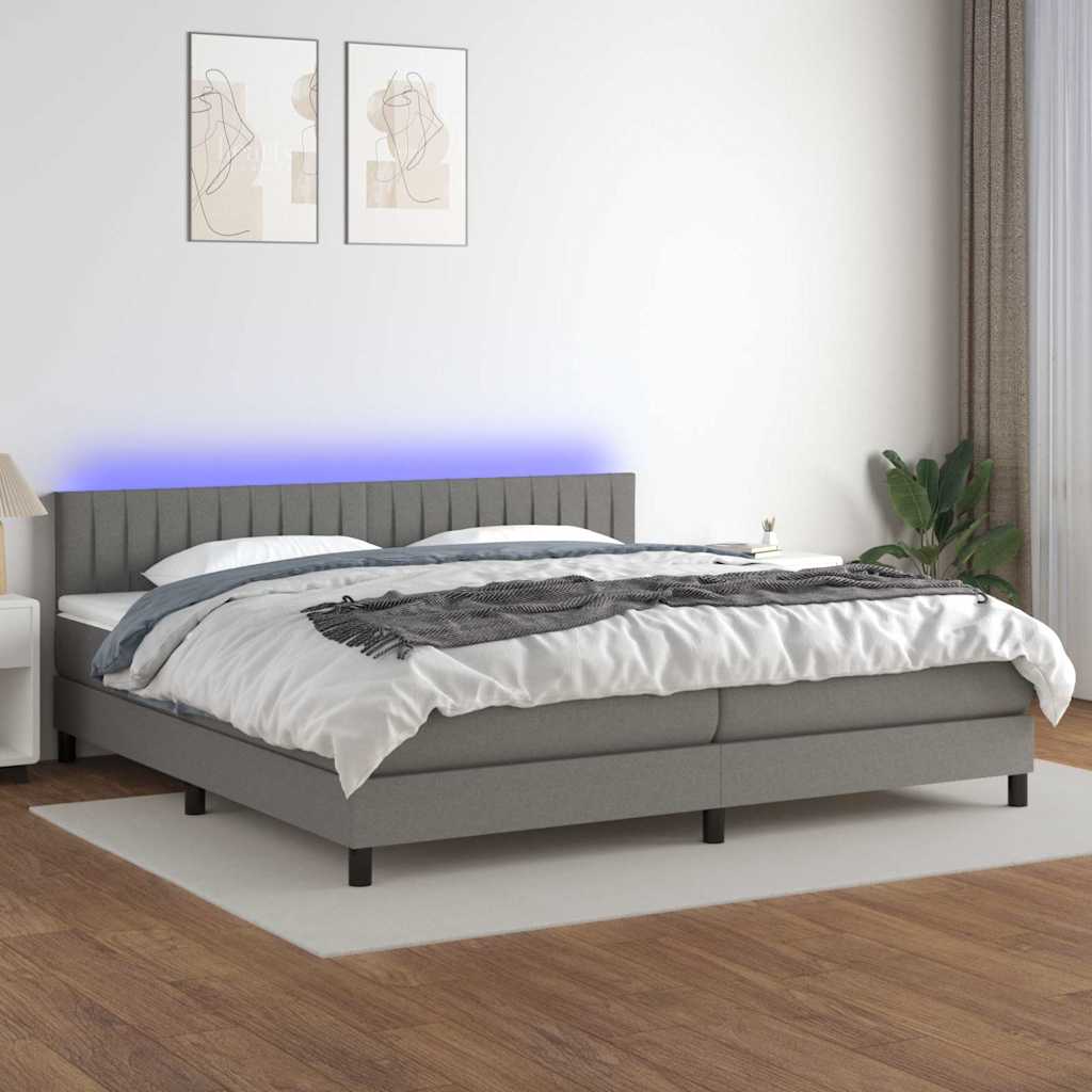 Sötétszürke szövet rugós és LED-es ágy matraccal 200x200 cm