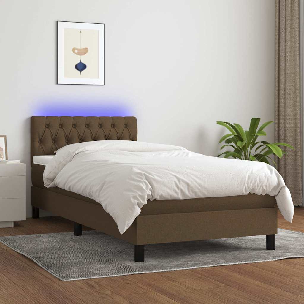 Barna szövet rugós és LED-es ágy matraccal 90x200 cm