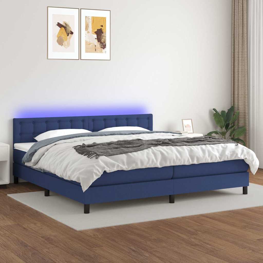 Kék szövet rugós és LED-es ágy matraccal 200 x 200 cm