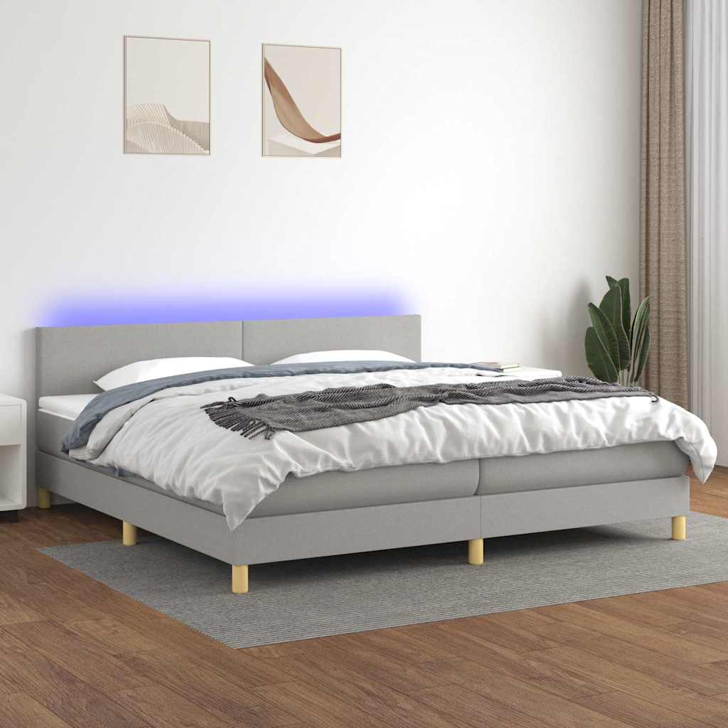 Világosszürke szövet rugós és LED-es ágy matraccal 200x200 cm
