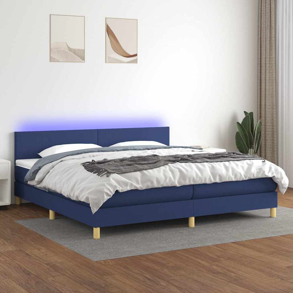 Kék szövet rugós és LED-es ágy matraccal 200 x 200 cm