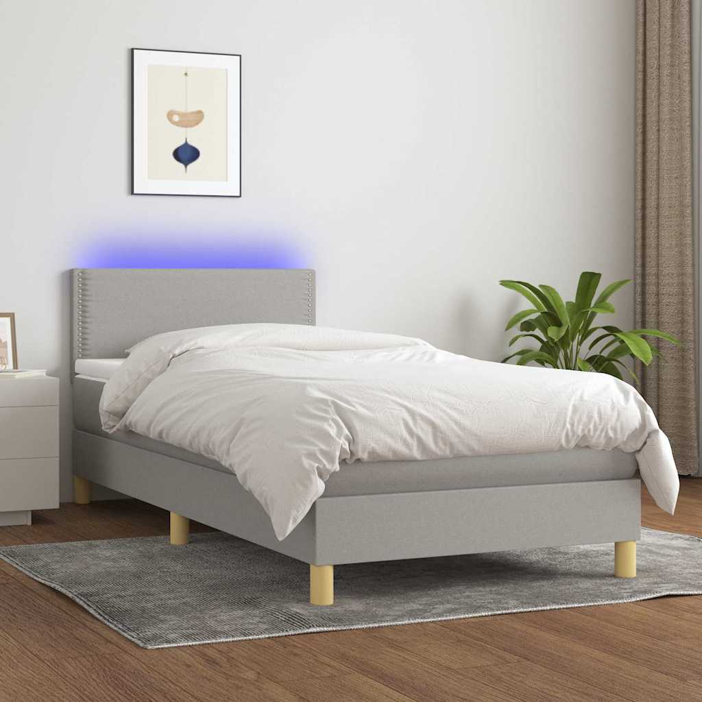 Világosszürke szövet rugós és LED-es ágy matraccal 90x200 cm