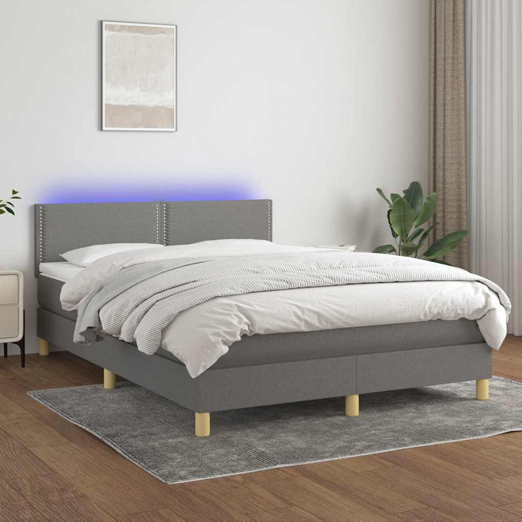 Sötétszürke szövet rugós és LED-es ágy matraccal 140x190 cm