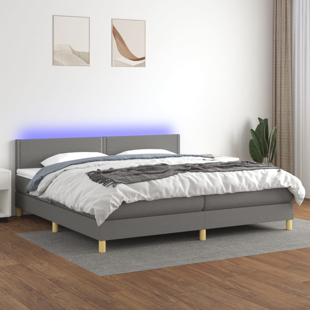 Sötétszürke szövet rugós és LED-es ágy matraccal 200x200 cm