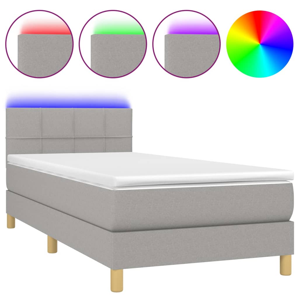 Világosszürke szövet rugós és LED-es ágy matraccal 90x200 cm 2