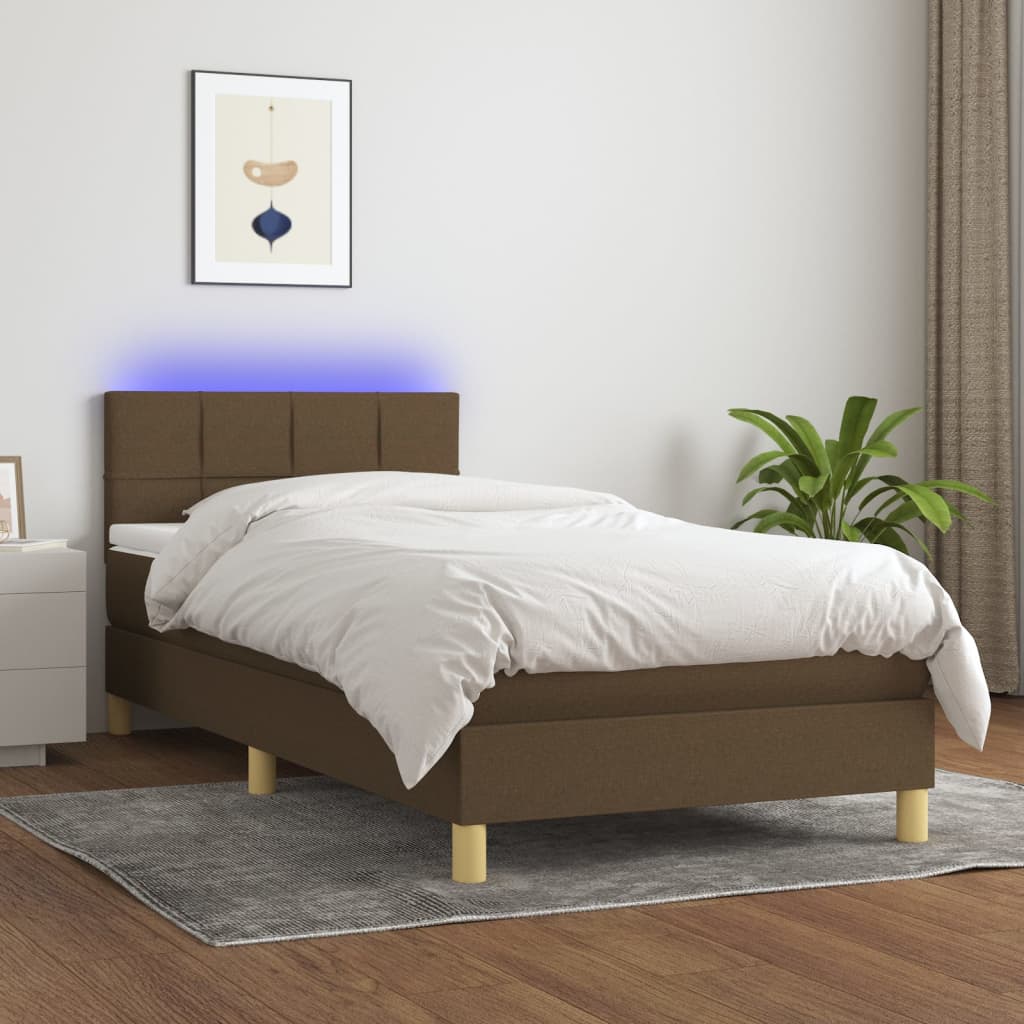 Barna szövet rugós és LED-es ágy matraccal 90x200 cm