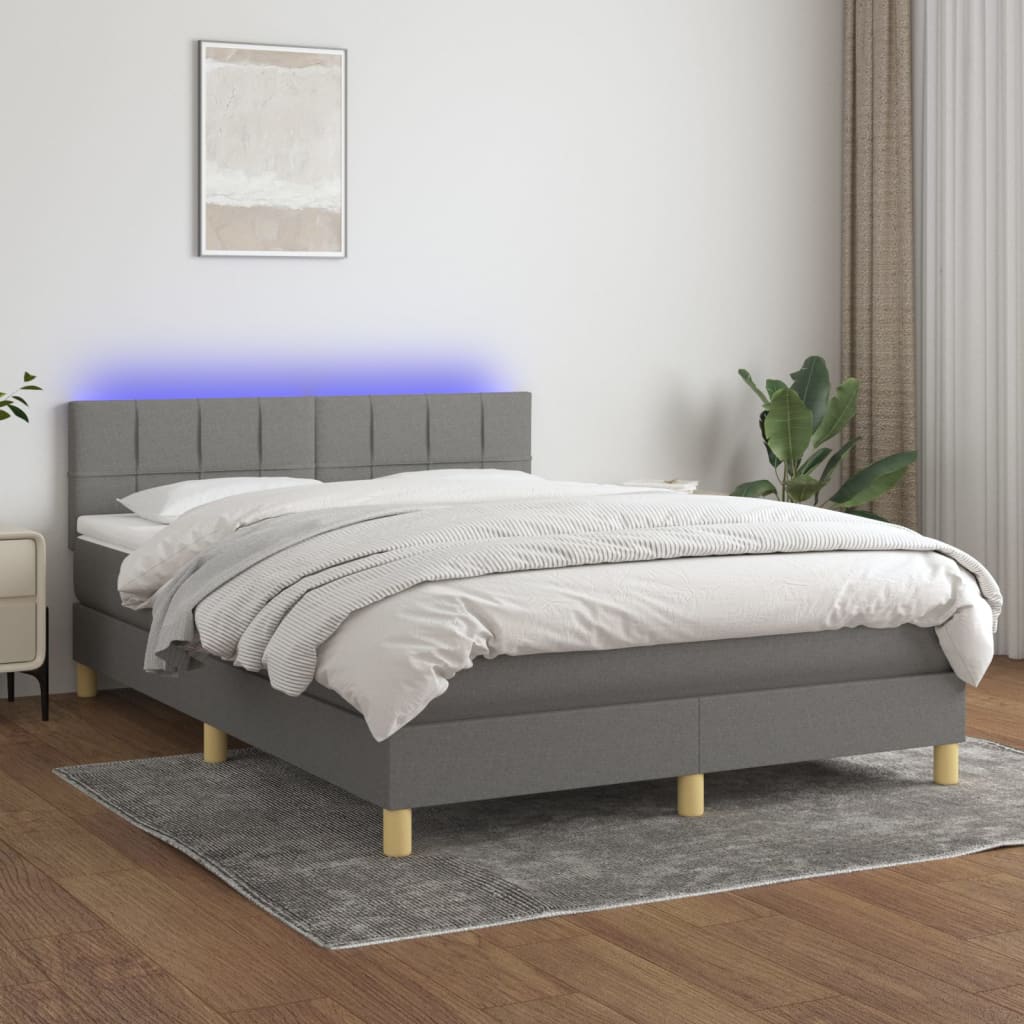 Sötétszürke szövet rugós és LED-es ágy matraccal 140x190 cm