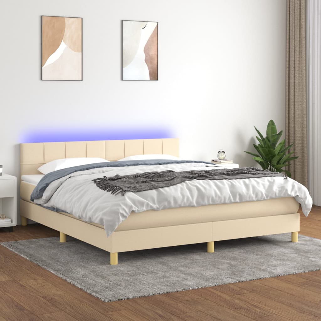 Krémszínű szövet rugós és LED-es ágy matraccal 180 x 200 cm