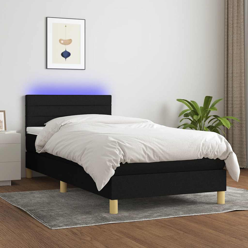 Fekete szövet rugós és LED-es ágy matraccal 90x200 cm