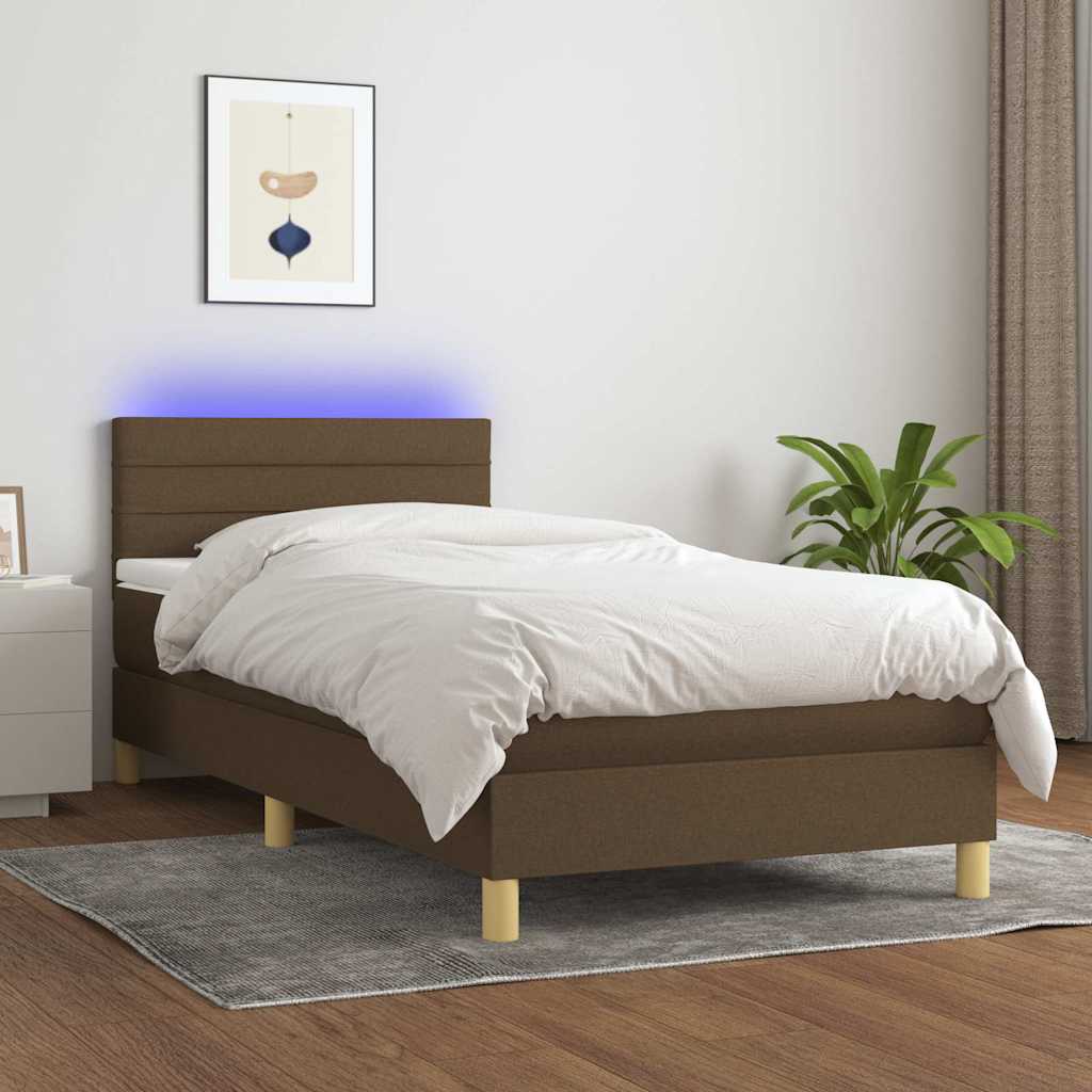 Barna szövet rugós és LED-es ágy matraccal 90x200 cm