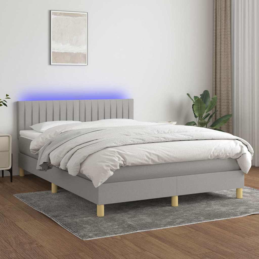 Világosszürke szövet rugós és LED-es ágy matraccal 140x200 cm