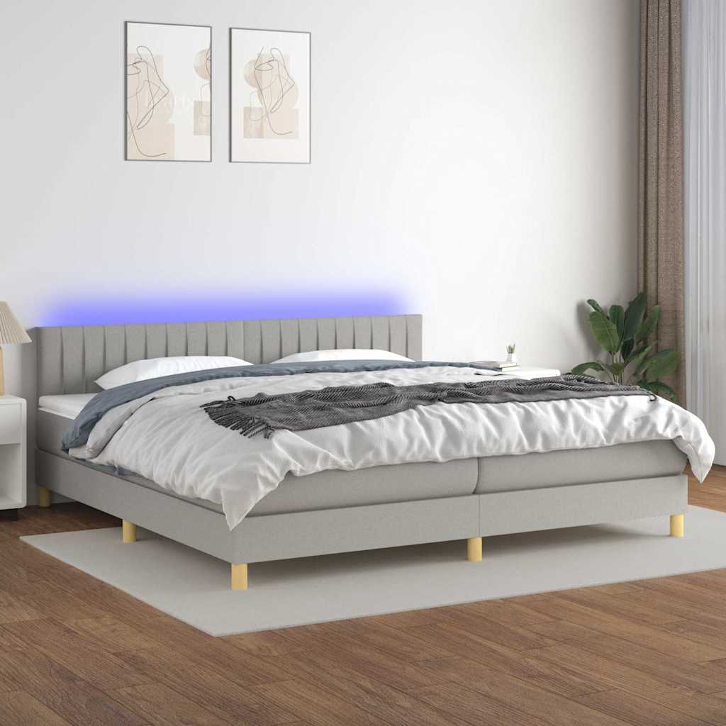 Világosszürke szövet rugós és LED-es ágy matraccal 200x200 cm