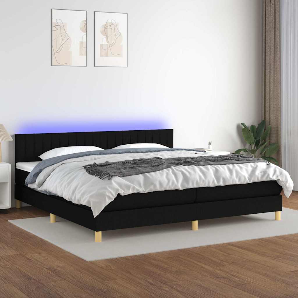 Fekete szövet rugós és LED-es ágy matraccal 200x200 cm