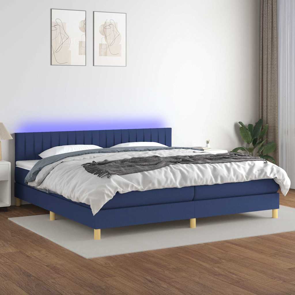 Kék szövet rugós és LED-es ágy matraccal 200 x 200 cm