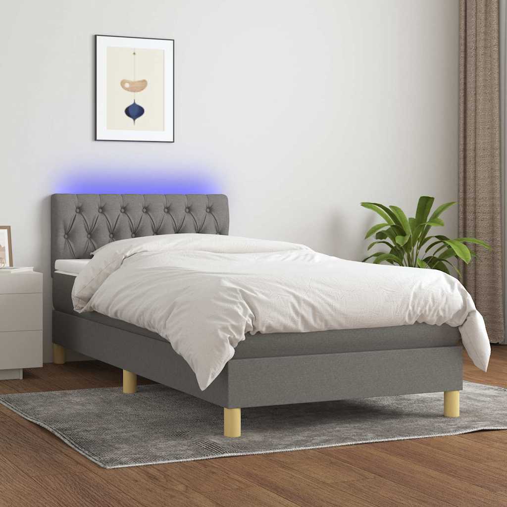 Sötétszürke szövet rugós és LED-es ágy matraccal 90x190 cm