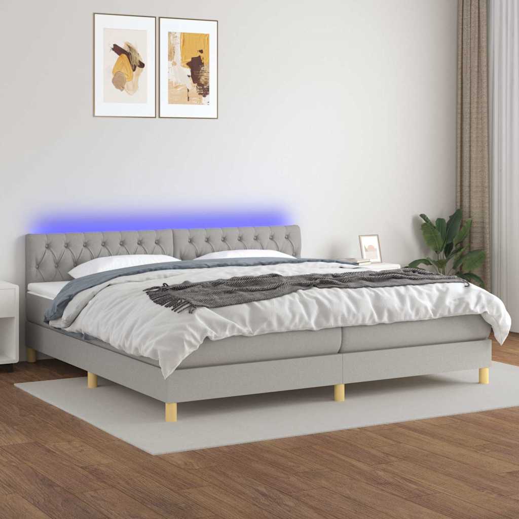 Világosszürke szövet rugós és LED-es ágy matraccal 200x200 cm